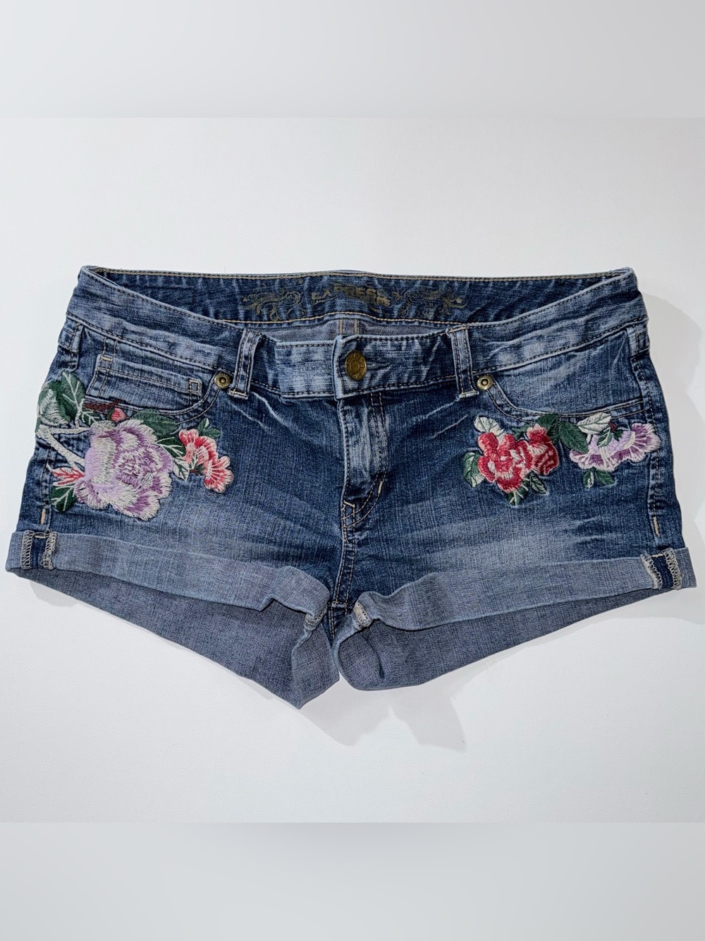 Express Denim Jean Shorts with Floral Embroidery - Blue